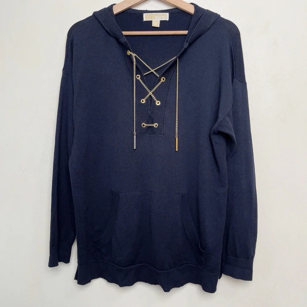 Michael Michael Kors Womens Medium Navy Chain Lace Up Hooded Sweater